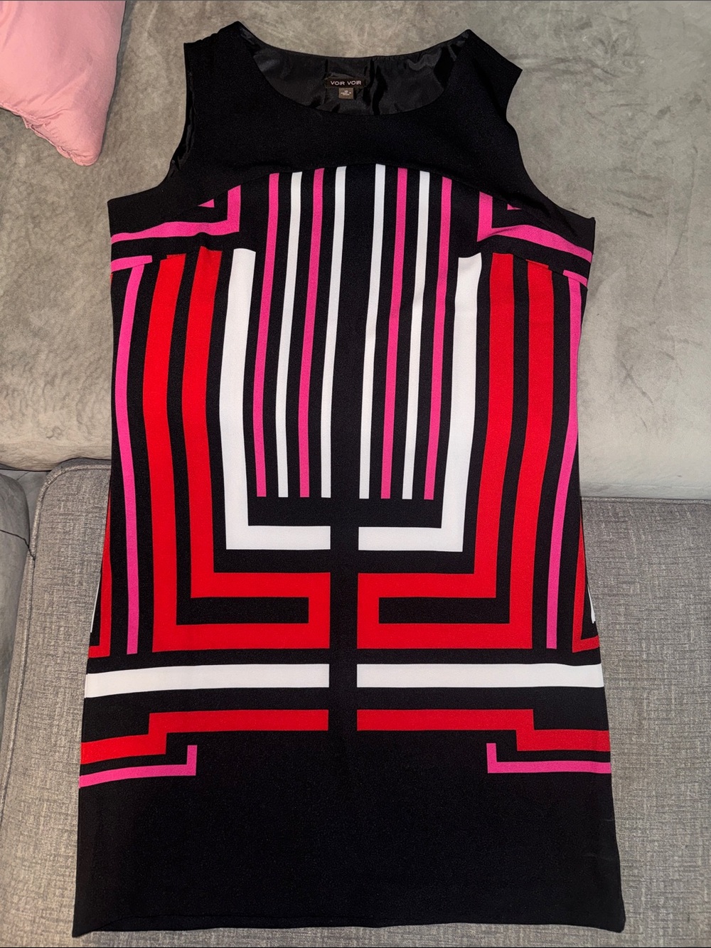 Voir Voir Black Dress with Red, Pink & White Geometric Stripes